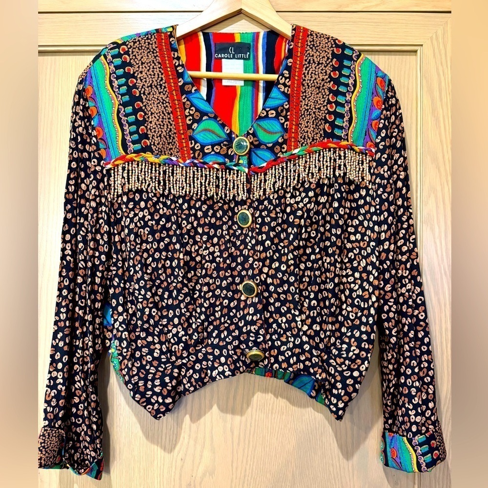 Vintage Carole Little Multicolor Mixed Print Beaded Button Front Top / 10